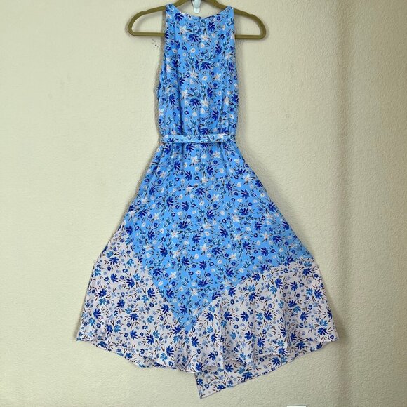 Blue Mixed Floral Print Halter Asymmetric Midi Dress with Pockets Women Size 12 - Picture 12 of 15